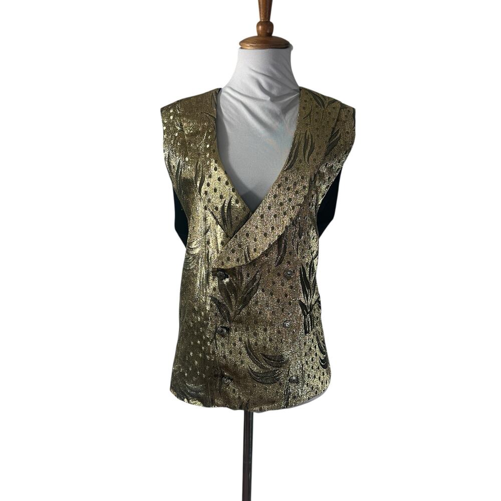 Vintage 80s Gold Metallic Lamé Brocade Custom Made Cocktail Vest L XL - Picture 3 of 9